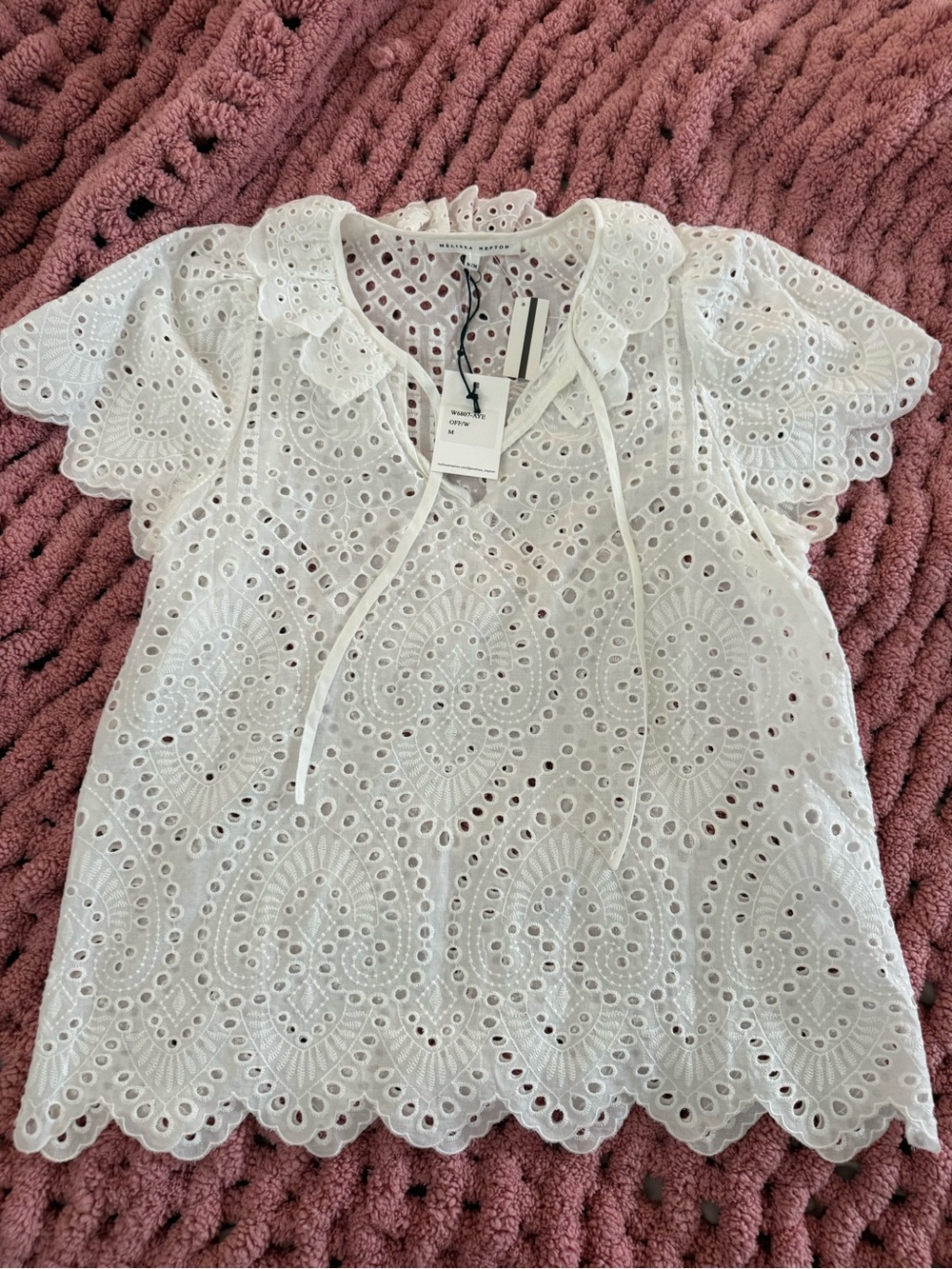 NWT Melissa Nepton Off White Scalloped Eyelet Tie Front Blouse Top Medium